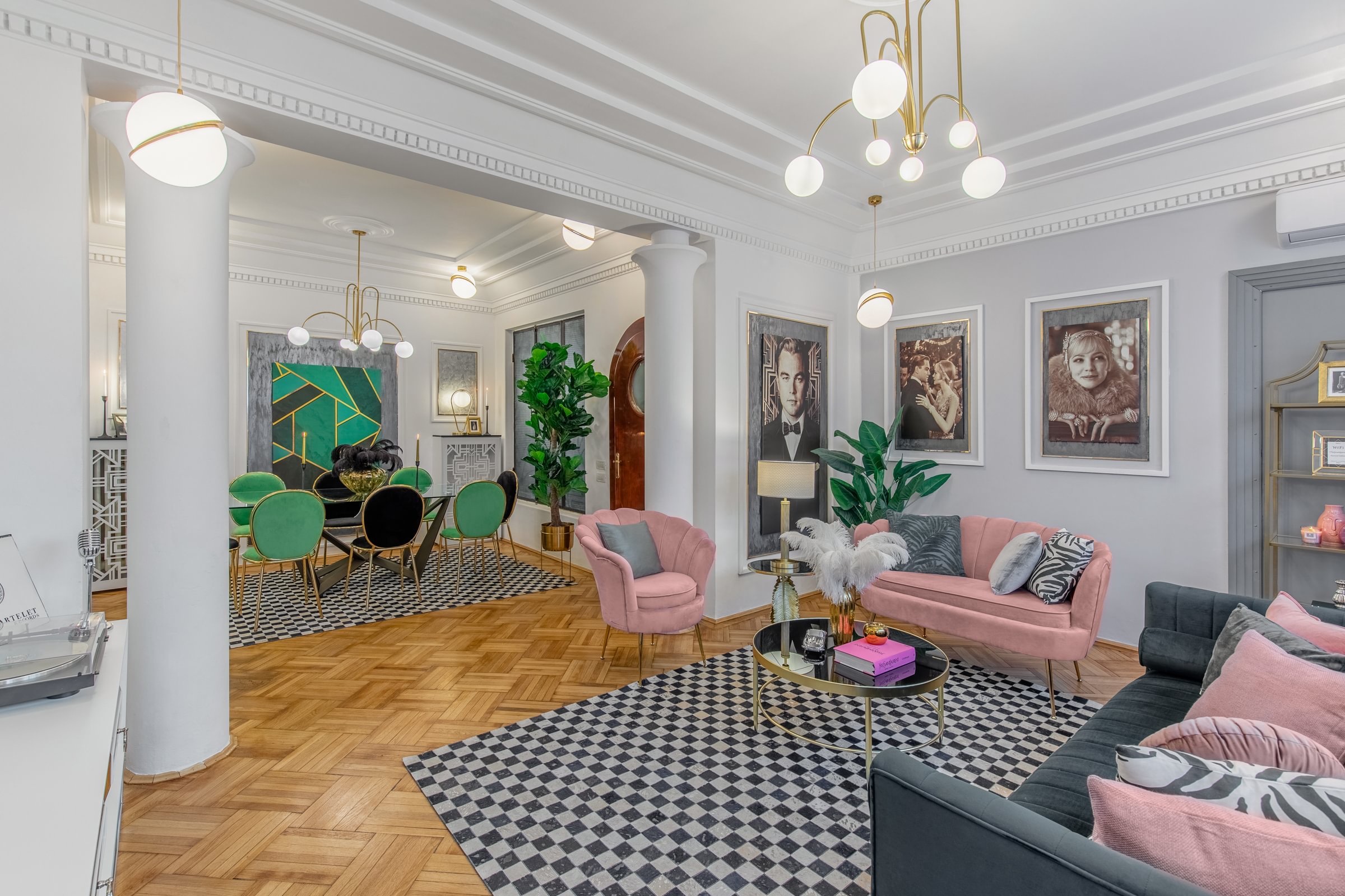 A Square Park apartment living room with checkered rug and pink sofa